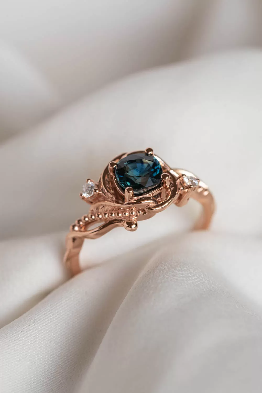 READY TO SHIP: Undina in 14K rose gold, natural teal sapphire, cushion cut, 6 mm, moissanites, RING SIZE 7 US