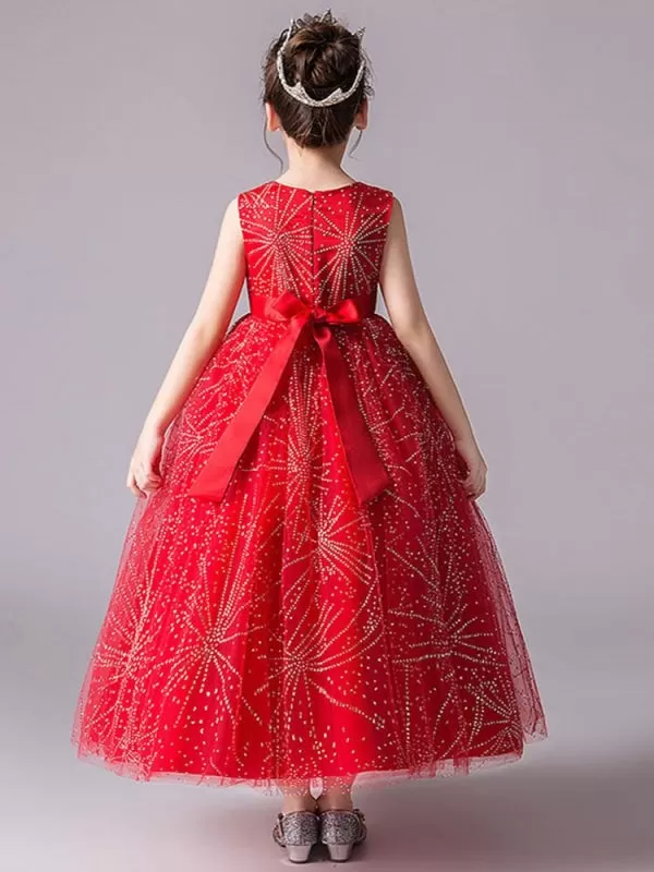 Red Flower Girl Dresses Tulle Sleeveless Ankle Length Princess Silhouette Embroidered Kids Party Dresses