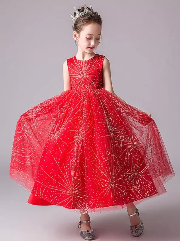 Red Flower Girl Dresses Tulle Sleeveless Ankle Length Princess Silhouette Embroidered Kids Party Dresses