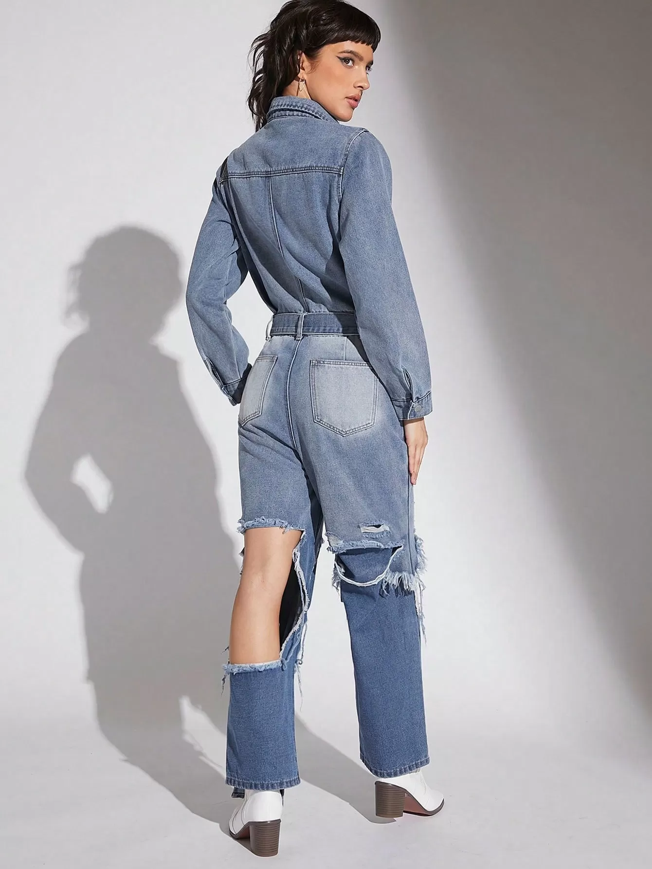 Ripped Belted Denim Jumpsuit