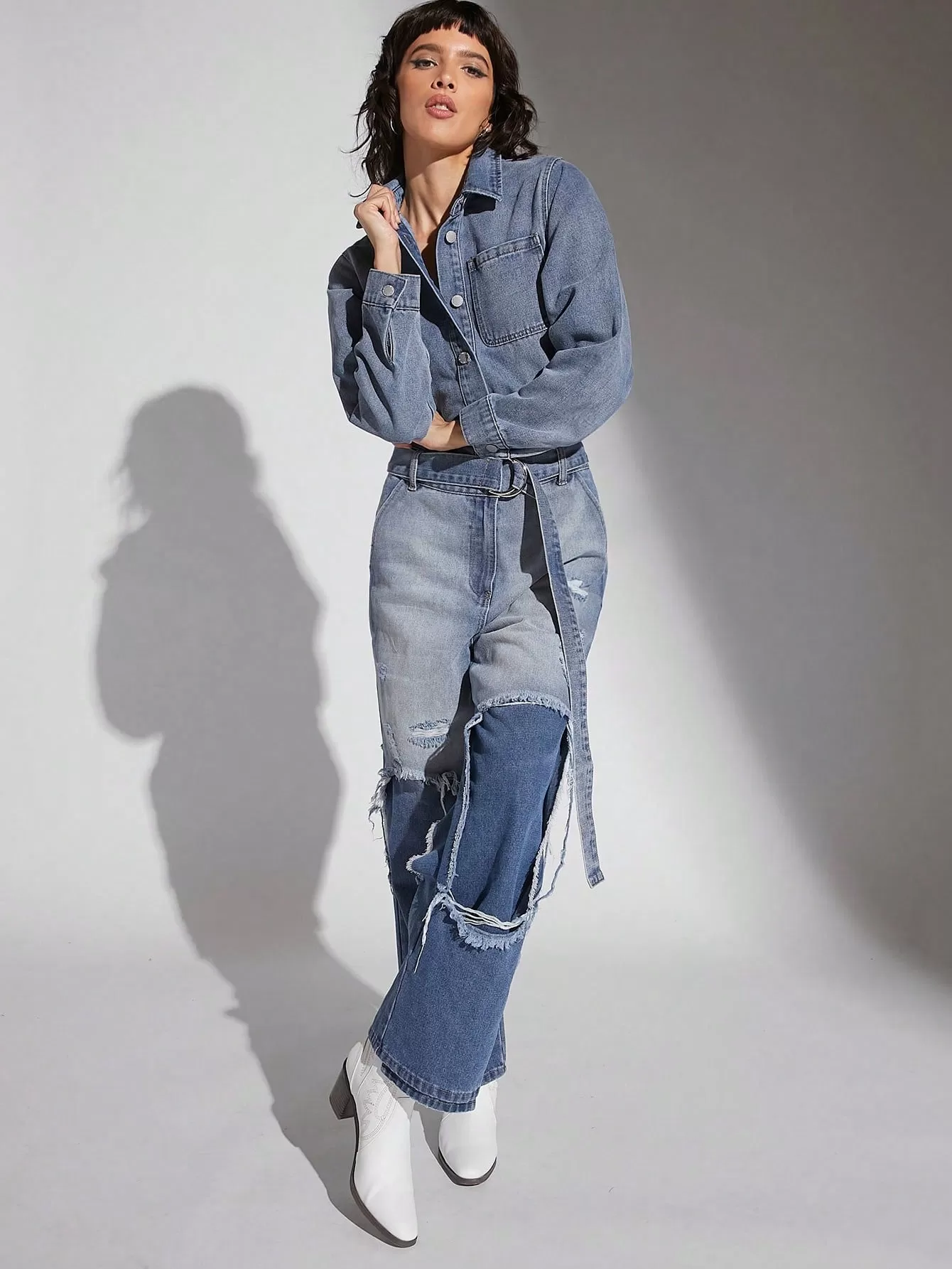 Ripped Belted Denim Jumpsuit