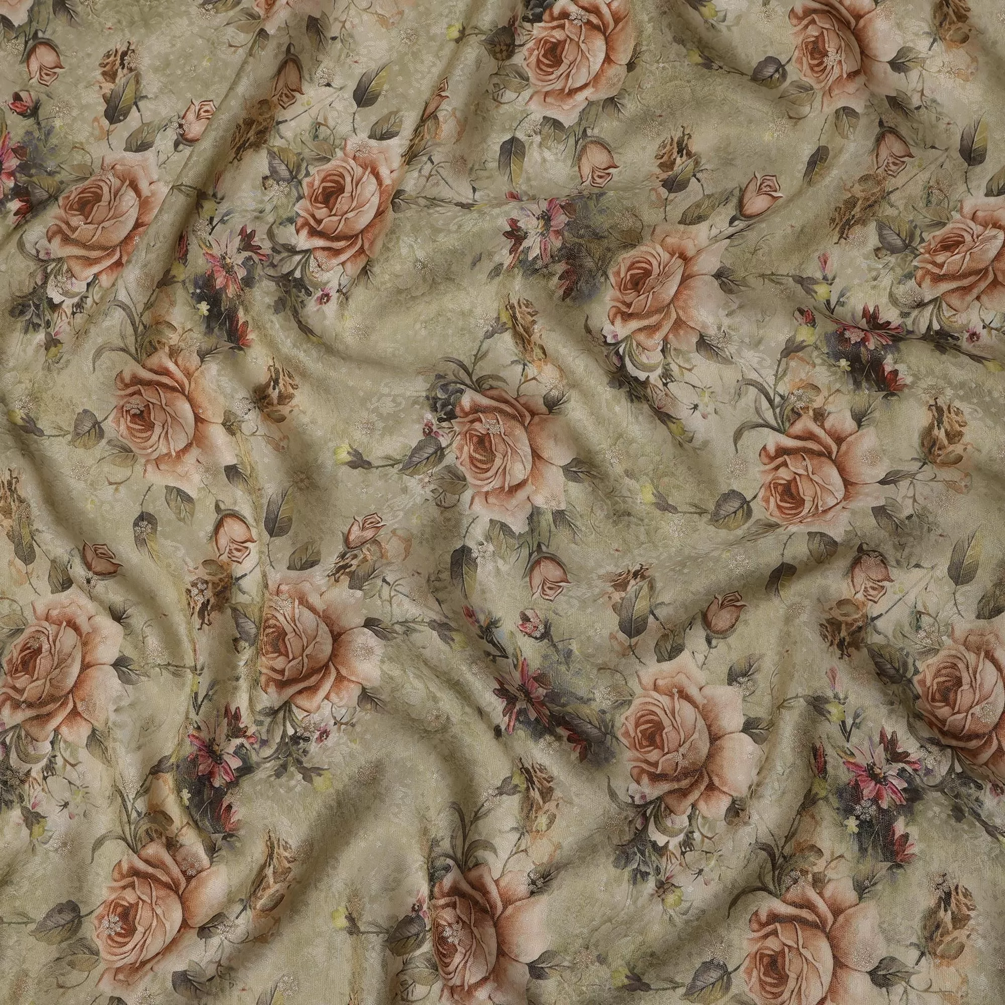 Sage Green Floral Viscose Crepe Digital Print Fabric, 110 cm Wide, Made in India-D20975