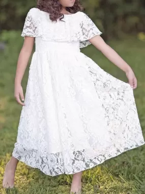 Short Sleeves A-line A Line Pleated Flower Girl Dresses Ankle Length Pageant Dresses