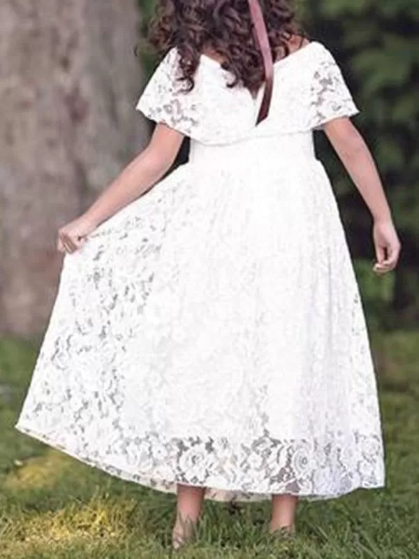 Short Sleeves A-line A Line Pleated Flower Girl Dresses Ankle Length Pageant Dresses