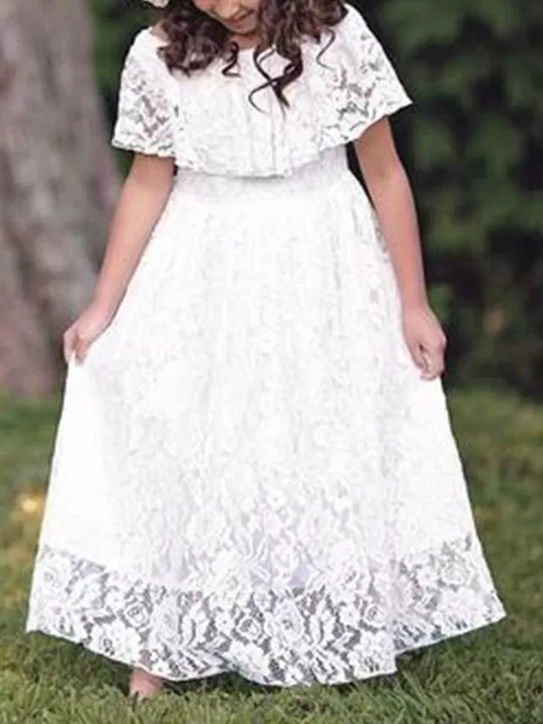 Short Sleeves A-line A Line Pleated Flower Girl Dresses Ankle Length Pageant Dresses