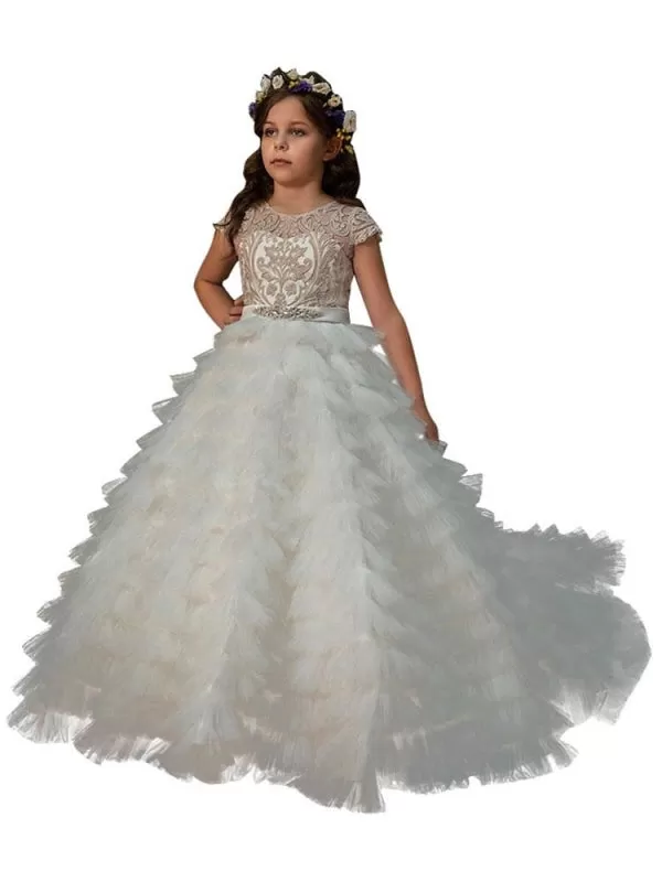 Short Sleeves Embroidered Kids Party Dresses Puffy Tulle A-line PettiSkirt