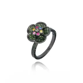 Sterling Silver Stack Ring With Leaf Green Glitter Enamel & Mixed Sapphires