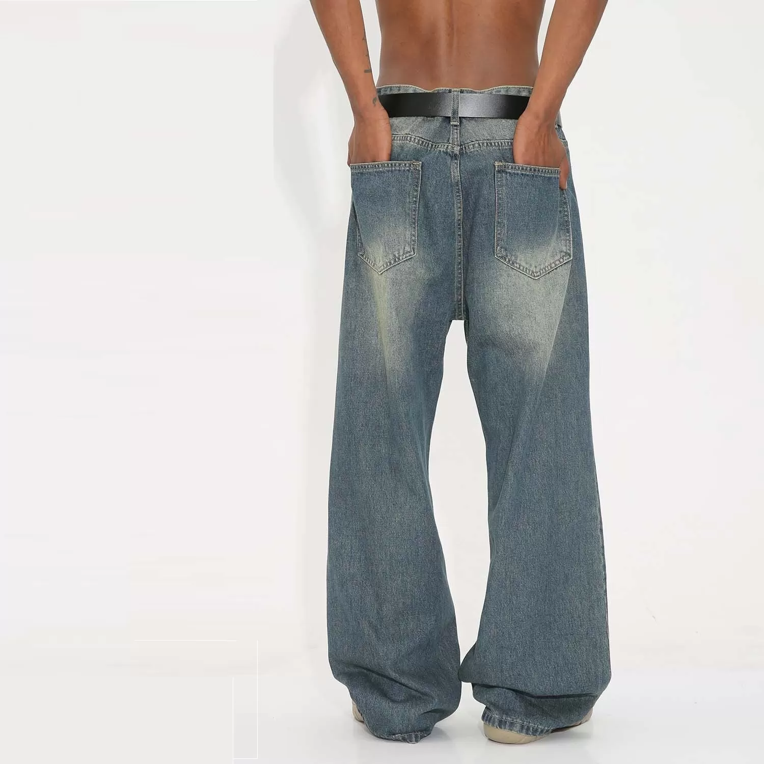 Stonewashed Blue Loose Fit Wide Leg Denim Jeans for Men