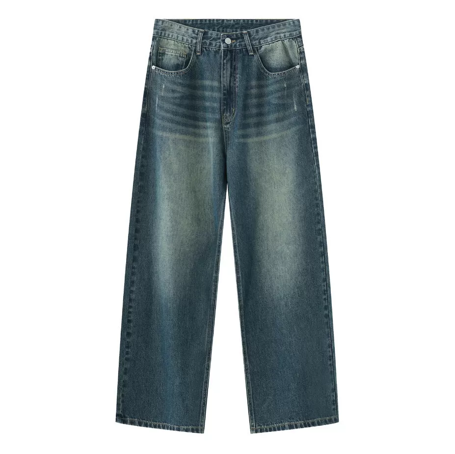 Stonewashed Blue Loose Fit Wide Leg Denim Jeans for Men