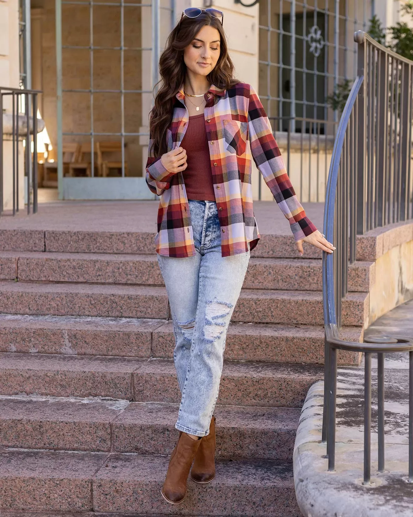 Sunset Northern Plaid Flannel Top by Grace & Lace (Ships in 1-2 Weeks)