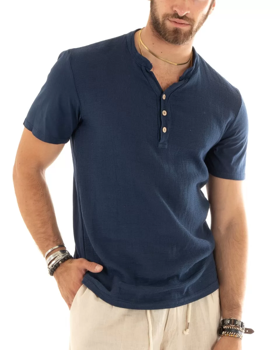 T-shirt Uomo Collo Serafino Bottoni Tinta Unita Manica Corta Cotone Blu Casual GIOSAL-TS2959A