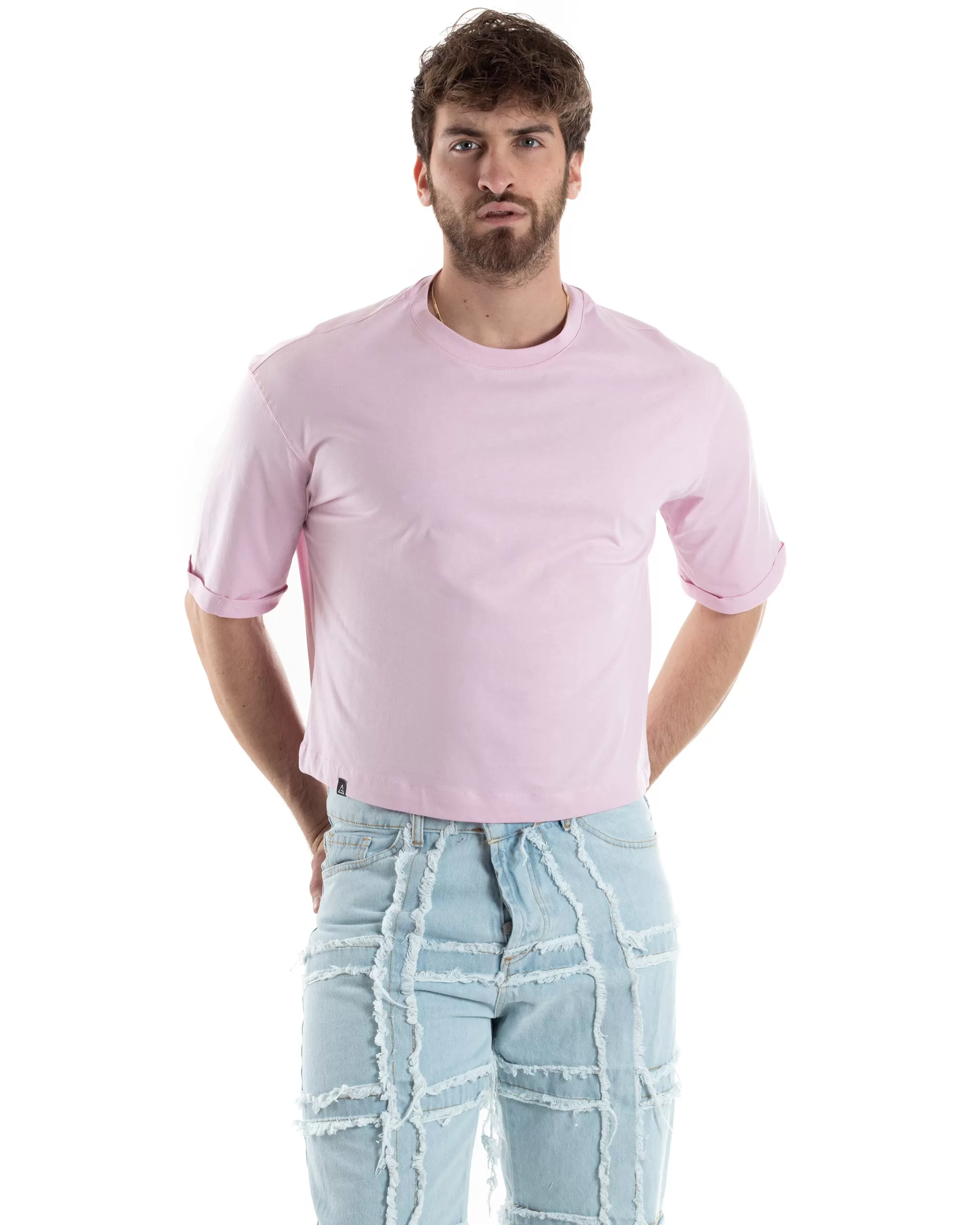 T-shirt Uomo Cropped Corta Boxy Fit Tinta Unita Rosa Casual GIOSAL-TS3003A