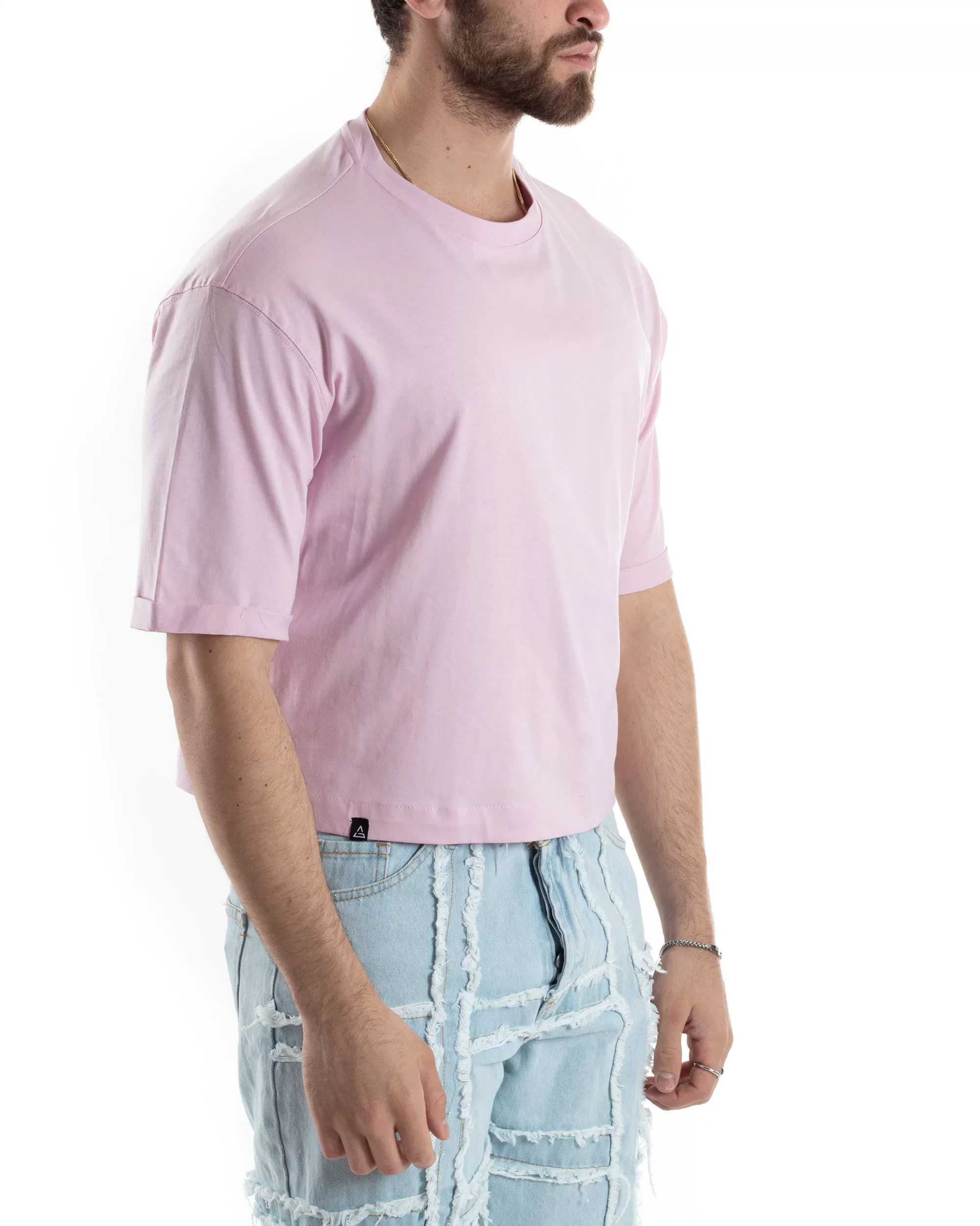 T-shirt Uomo Cropped Corta Boxy Fit Tinta Unita Rosa Casual GIOSAL-TS3003A