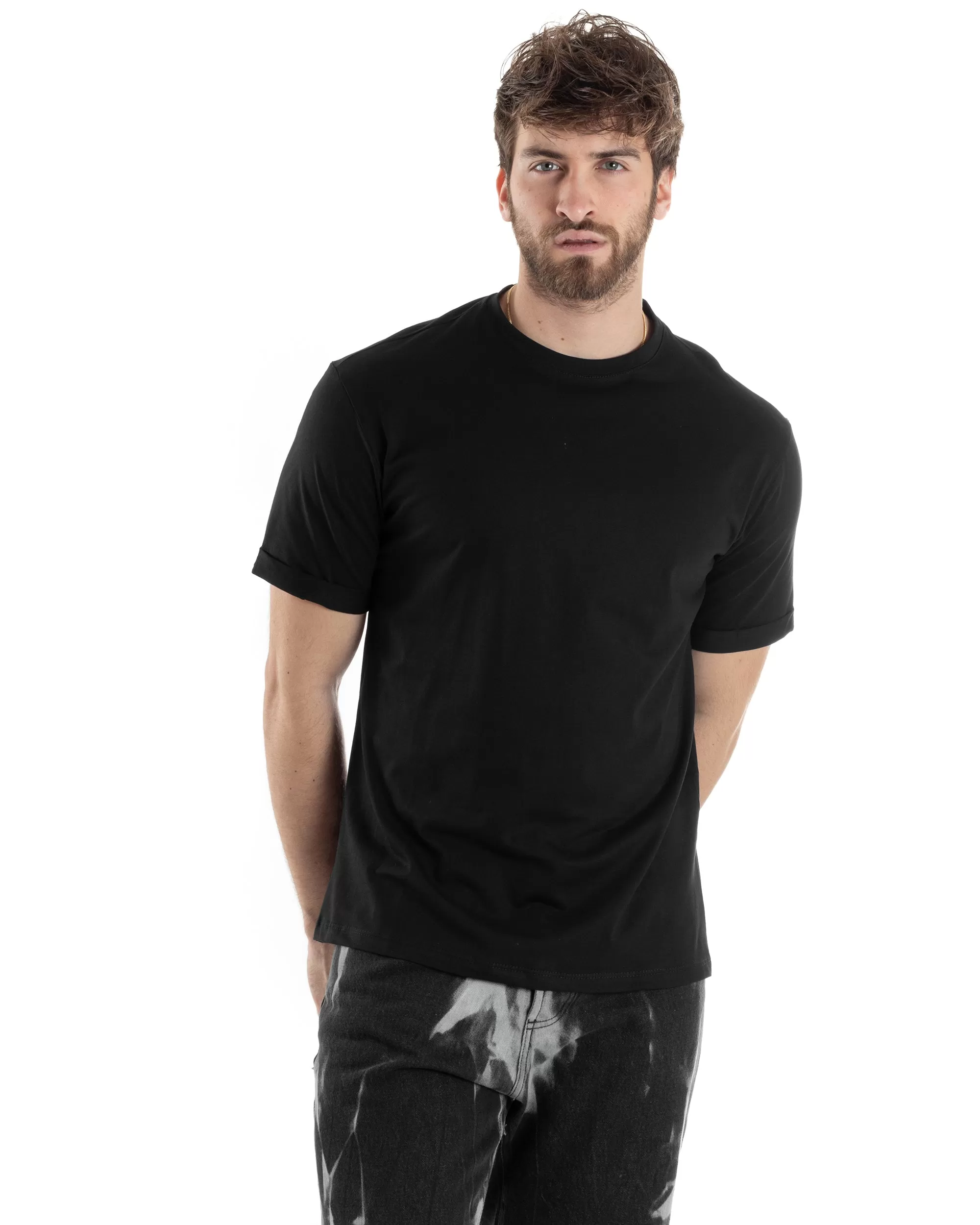 T-shirt Uomo Girocollo Basic Casual Regular Fit Tinta Unita Nero GIOSAL-TS3055A