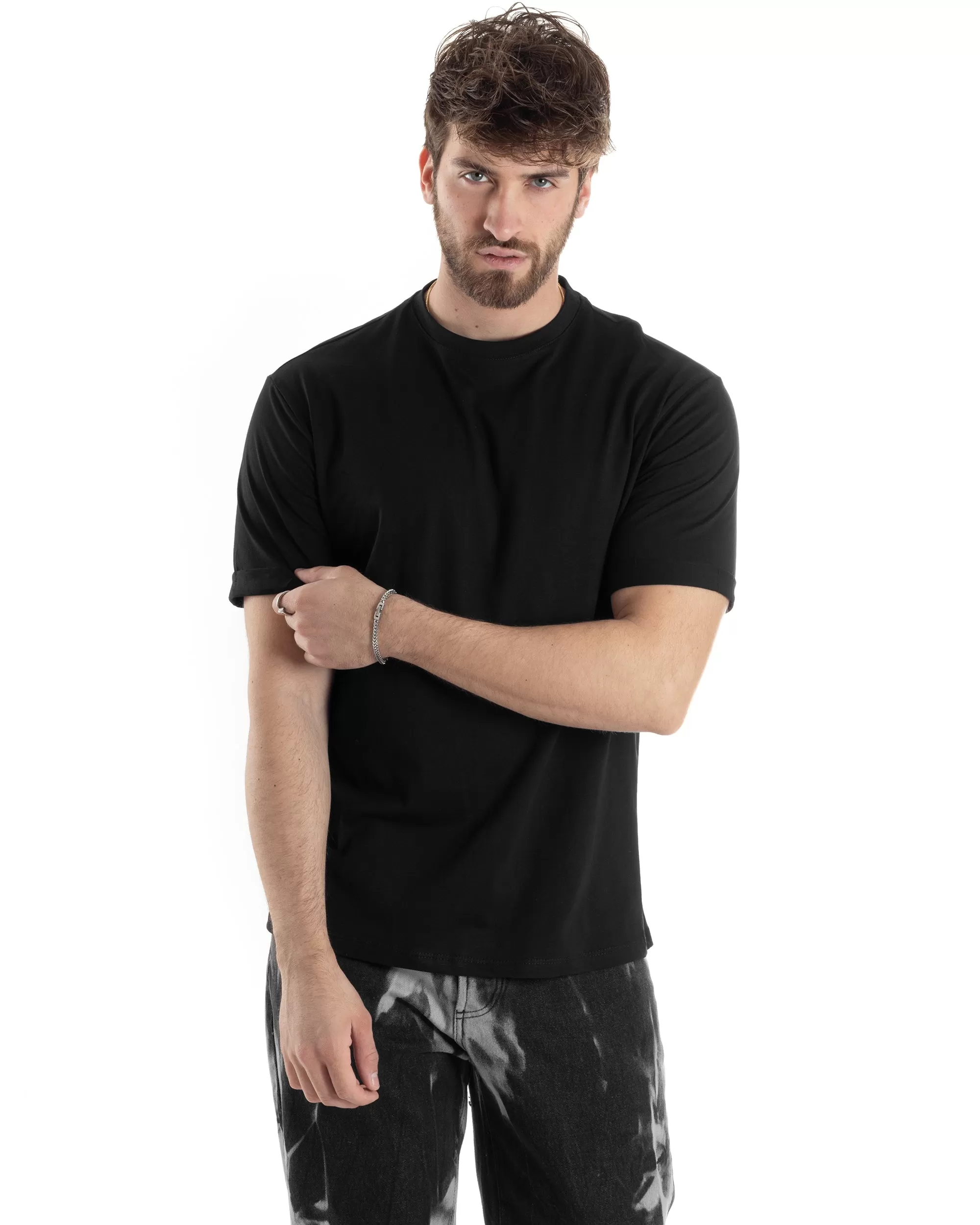 T-shirt Uomo Girocollo Basic Casual Regular Fit Tinta Unita Nero GIOSAL-TS3055A