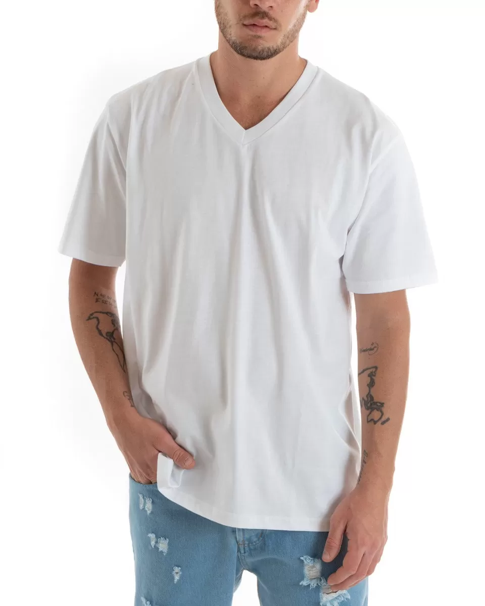 T-shirt Uomo Maglia Tinta Unita Bianca Oversize Scollo a V Basic Casual GIOSAL-TS2884A