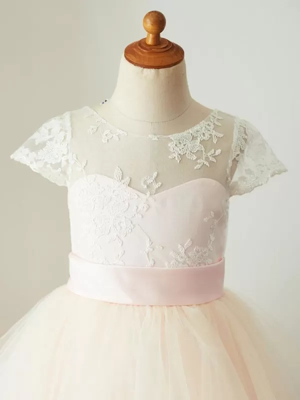 Tulle Short Sleeves Flower Girl Dresses Jewel Neck Floor-Length Princess Dress for Kids