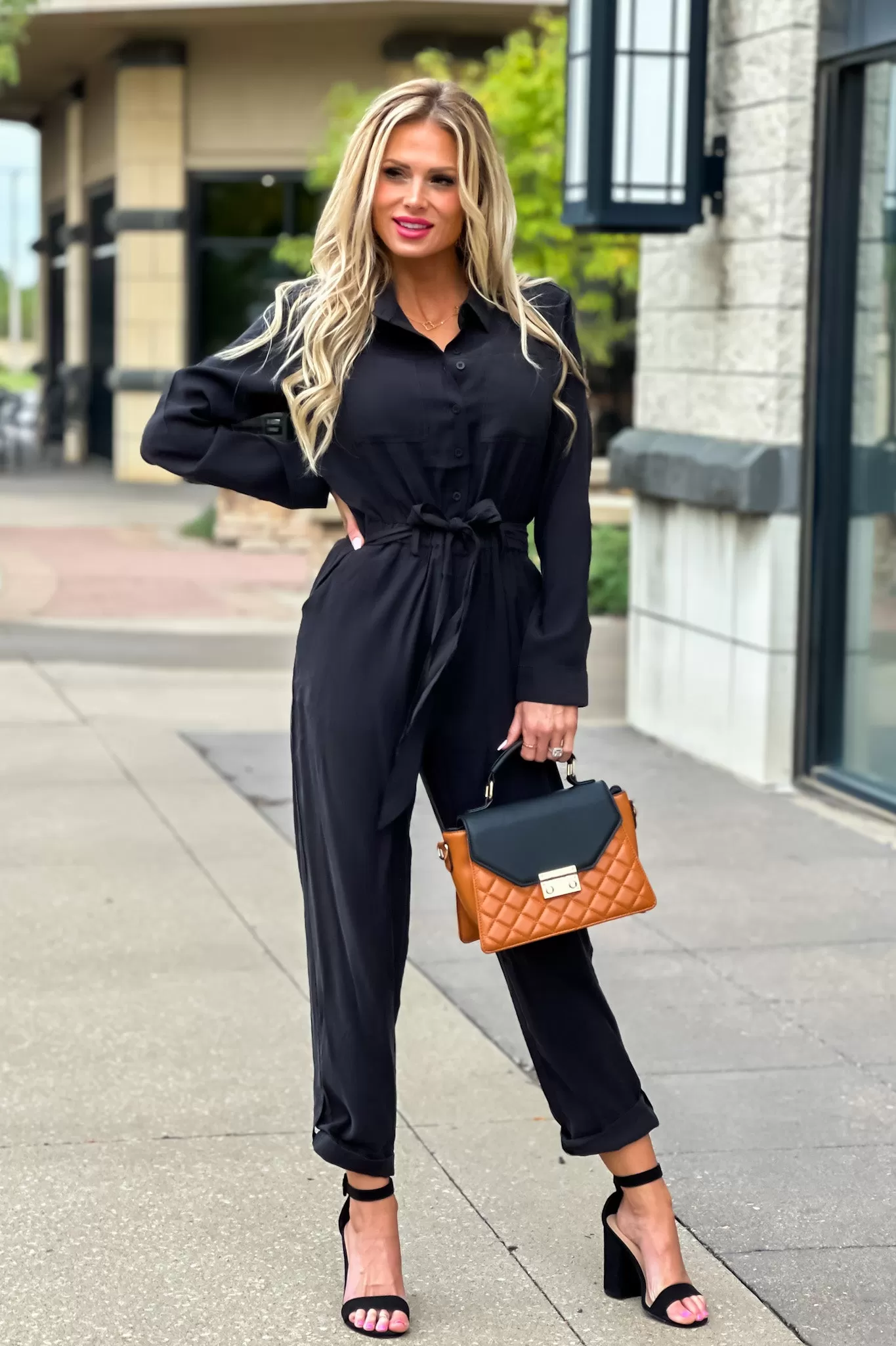 Velvet Heart Rory Long Sleeve Button Down Jumpsuit : Black