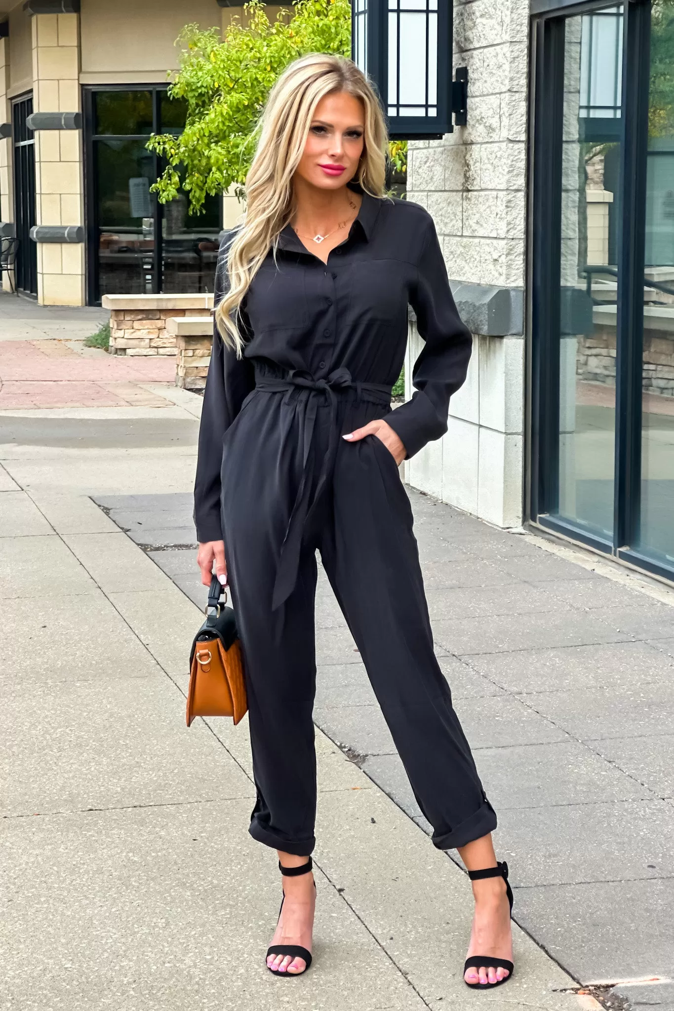 Velvet Heart Rory Long Sleeve Button Down Jumpsuit : Black