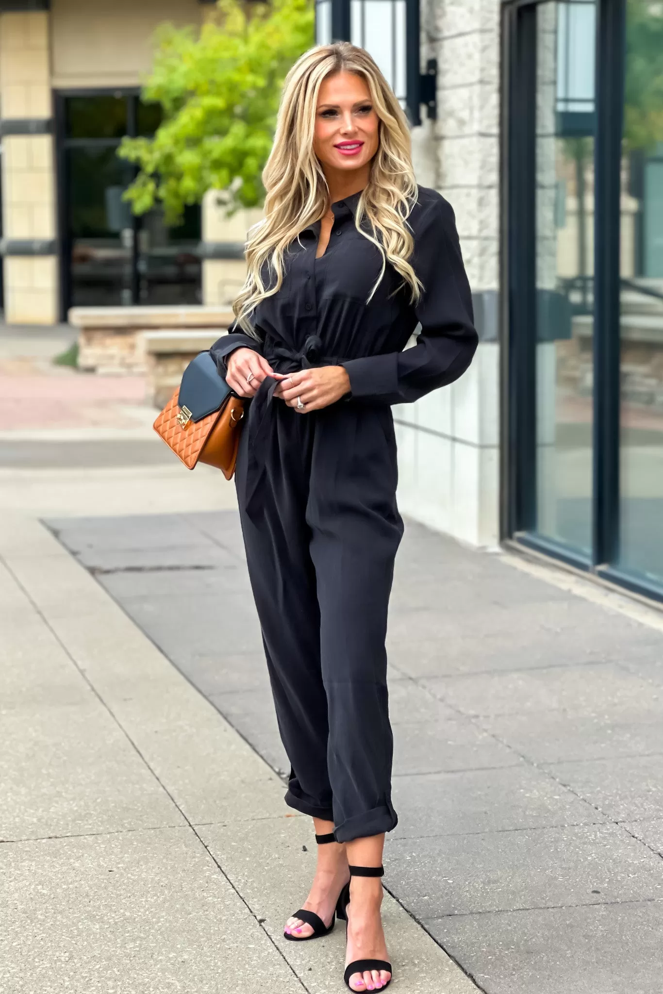 Velvet Heart Rory Long Sleeve Button Down Jumpsuit : Black