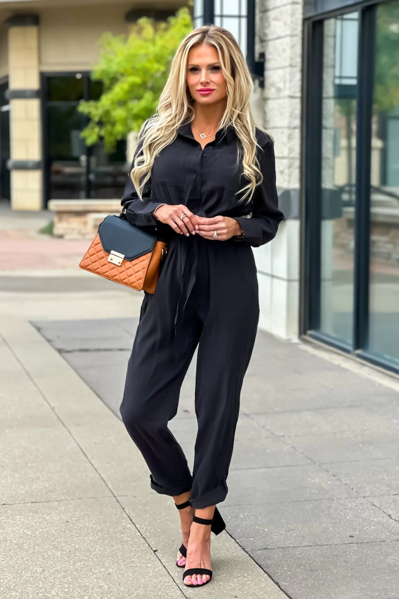 Velvet Heart Rory Long Sleeve Button Down Jumpsuit : Black