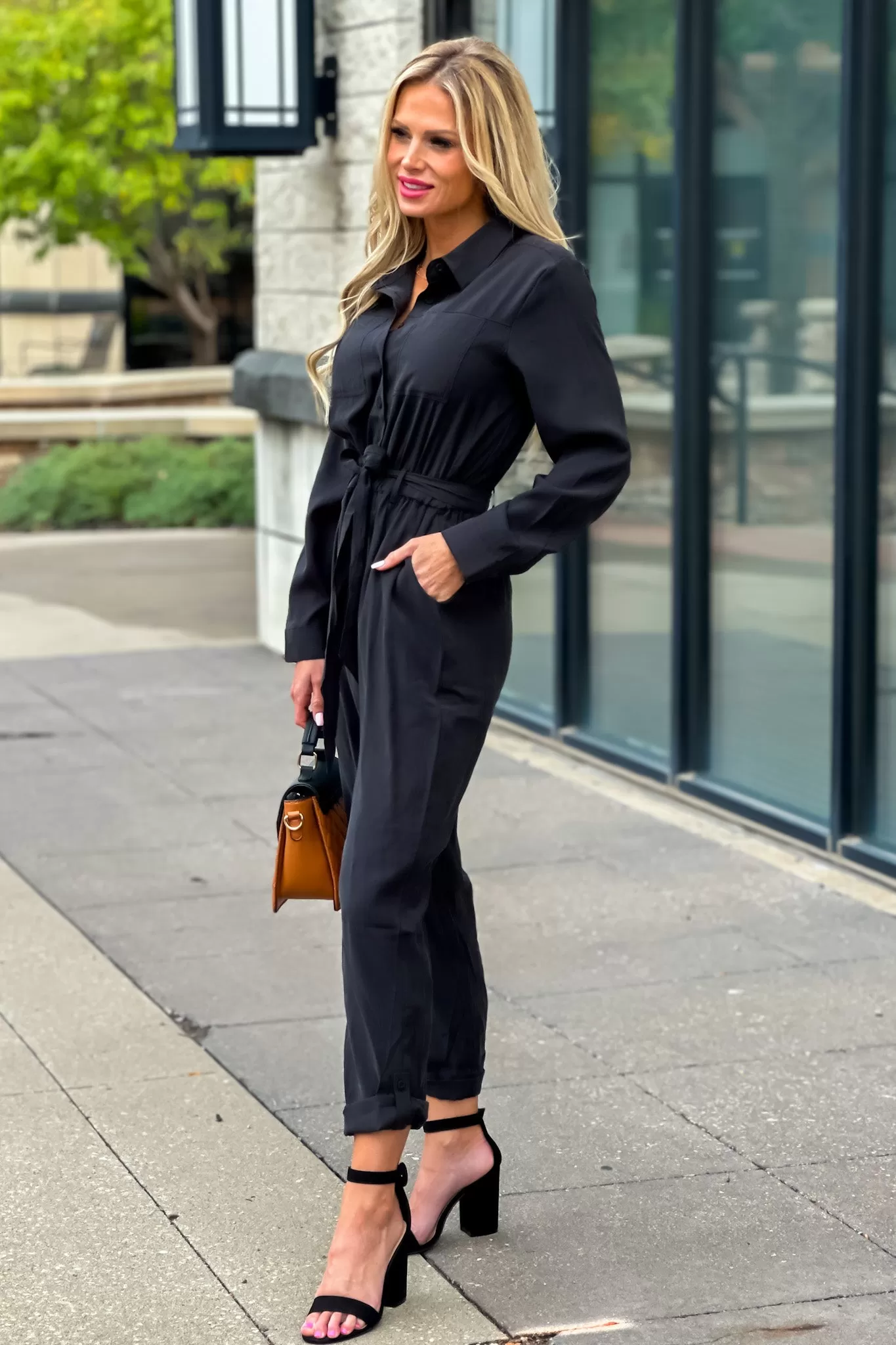 Velvet Heart Rory Long Sleeve Button Down Jumpsuit : Black