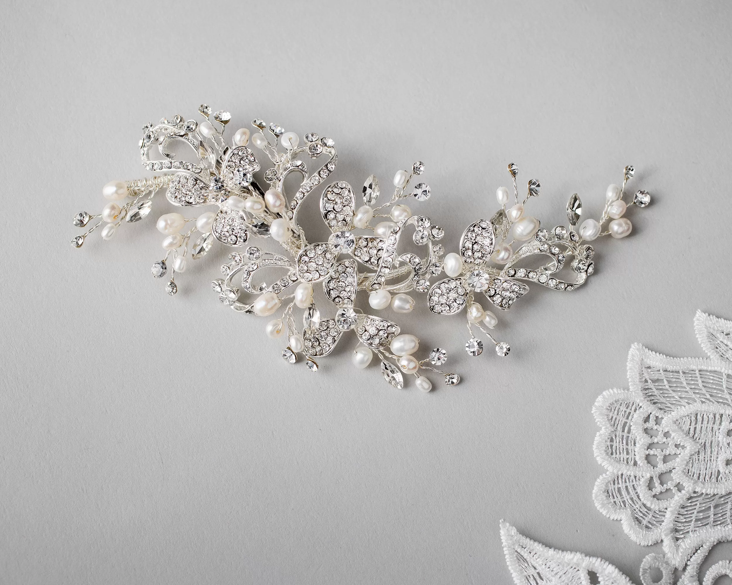 Wedding Hair Clip of Crystal Flowers and Pearls