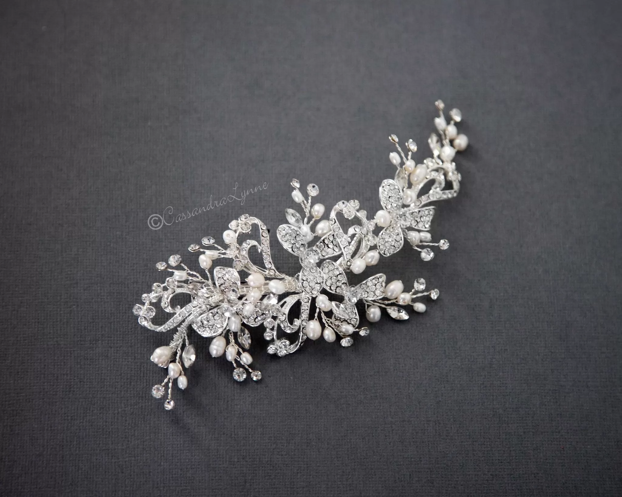 Wedding Hair Clip of Crystal Flowers and Pearls