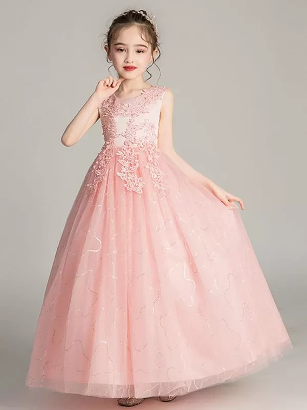 White Tulle Lace Princess Flower Girl Dresses Jewel Neck Tulle Embroidered Ankle Length Kids Dress