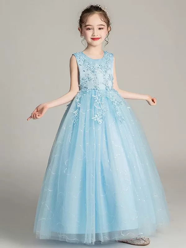 White Tulle Lace Princess Flower Girl Dresses Jewel Neck Tulle Embroidered Ankle Length Kids Dress