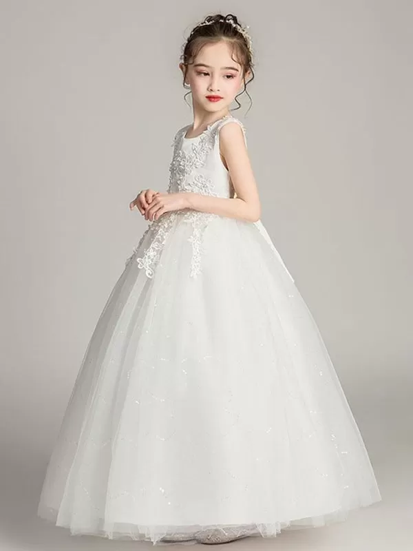 White Tulle Lace Princess Flower Girl Dresses Jewel Neck Tulle Embroidered Ankle Length Kids Dress