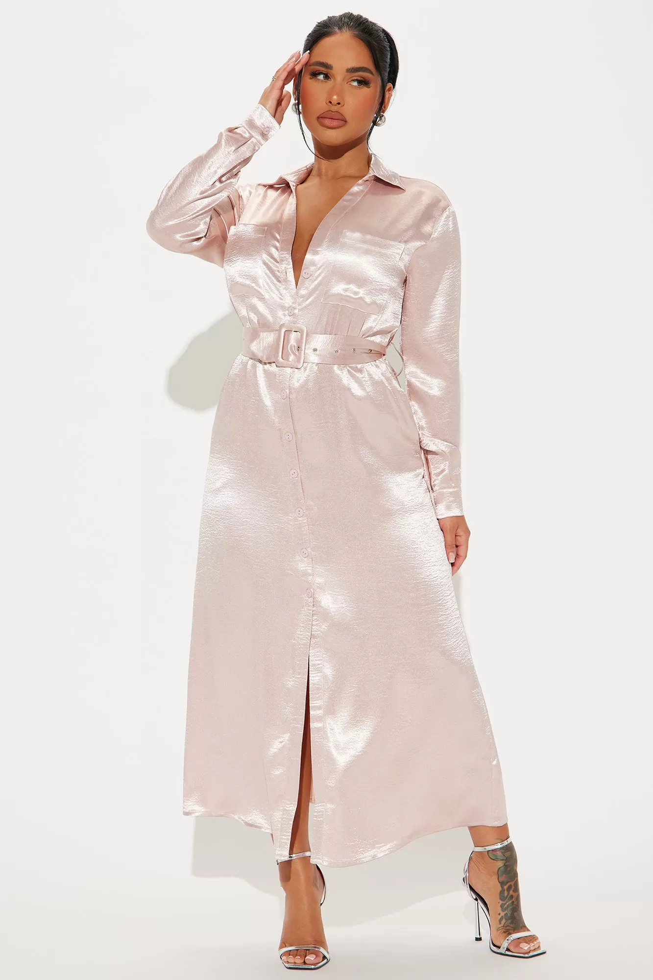 Workplace Glam Maxi Shirt Dress - Blush